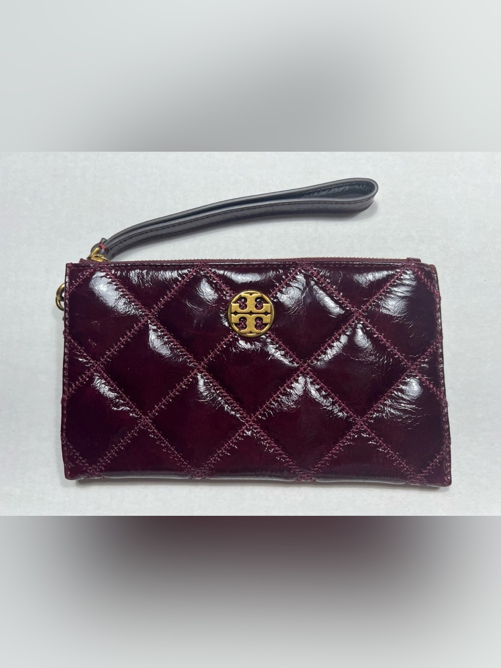 Tory Burch Long Quilted Clutch Hand Wallet Dark Red With Gold Accent
